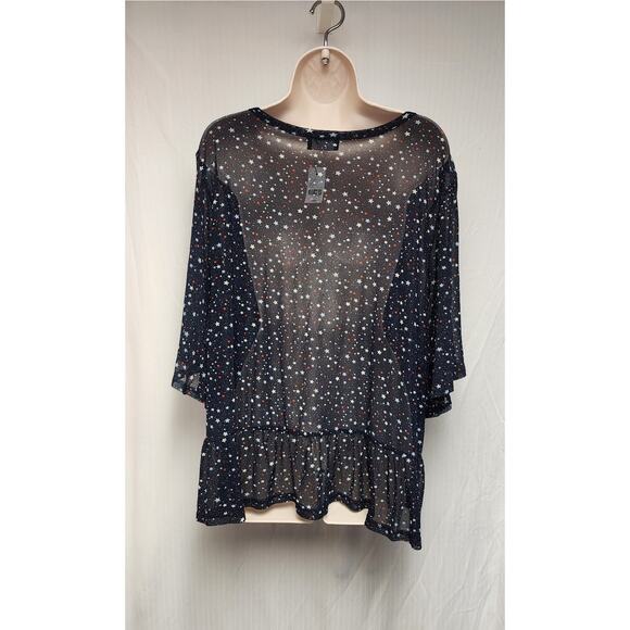 Lane Bryant 3/4 Bell Sleeve V-Neck Sheer Star Pattern Blouse Multi-Blue Sz 26-28 - Picture 4 of 8